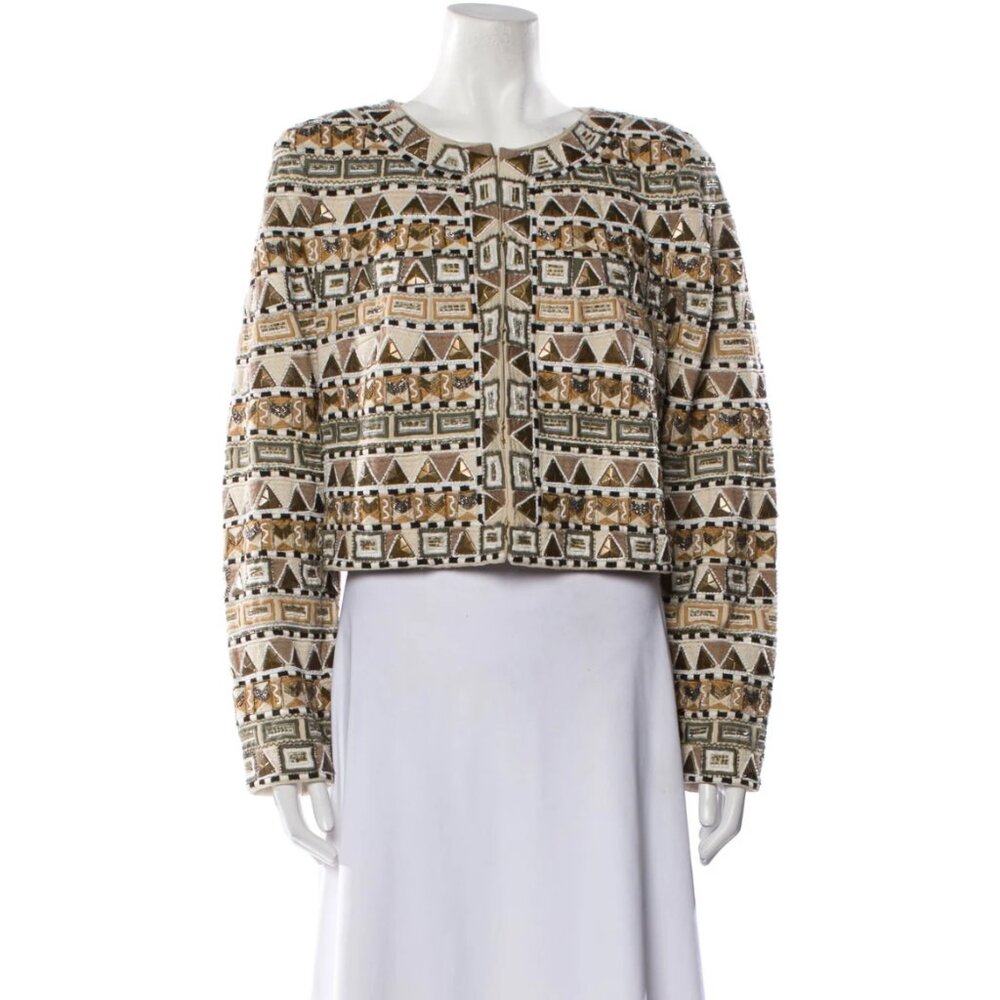 Veronica Beard Cropped Beaded Geometric Jacket in Beige, Olive & Gold